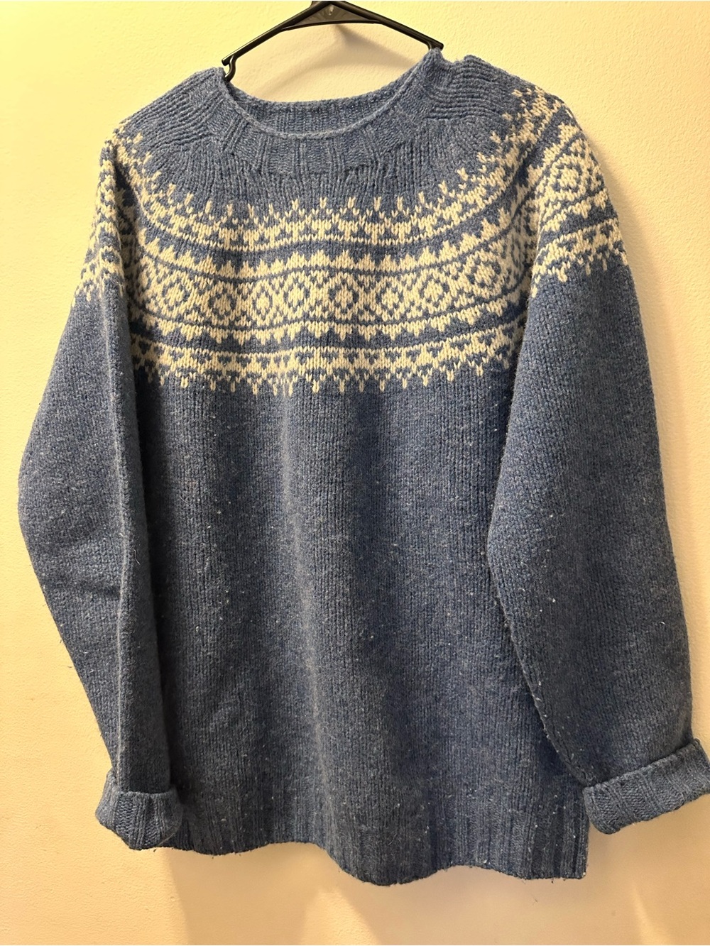 Men's Crewneck Sweater in Blue & Cream  100% pure new wool